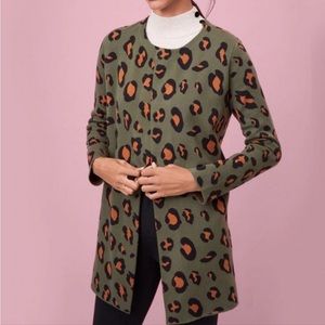 Like New Ann Taylor Olive Green Animal Leopard Print Longline Open Cardigan